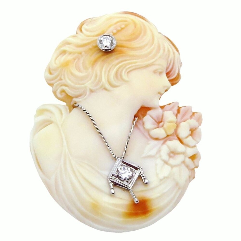 Beautiful Vintage 14K White Gold Carved Shell Cameo Brooch Pin with Diamonds